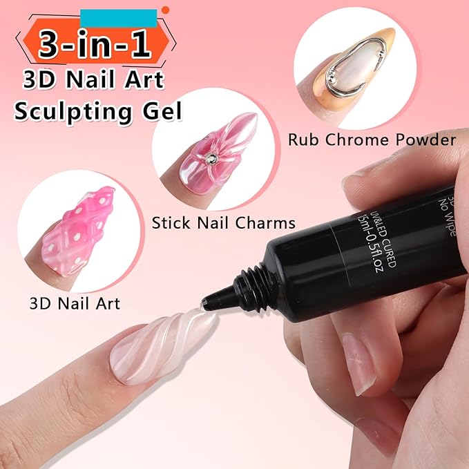 3D Gel Nail Art, 15g Clear Sculpting Gel Glue for Carving, Molding and Drawing Nails Art Designs, No Wipe Nail Polish Rhinestone Glue for Gems Decoration Manicure Salon Home DIY