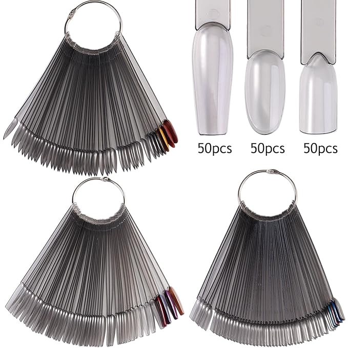 150pcs Nail Swatch Sticks With Ring, Ballerina Square Oval Nail Color Swatches For Nail Display False Nail Polish Sample Sticks Practice Nail Tips Transparent Black Board Nail Art Supplies