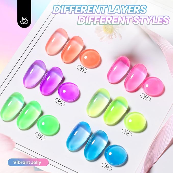 Beetles Neon Gel Nail Polish Set, 6 Colors Summer Jelly Gel Polish Kit Sheer Hot Pink Green Orange Purple Blue Yellow Translucent Effect Soak Off UV French Nail Art Manicure Gift for Women
