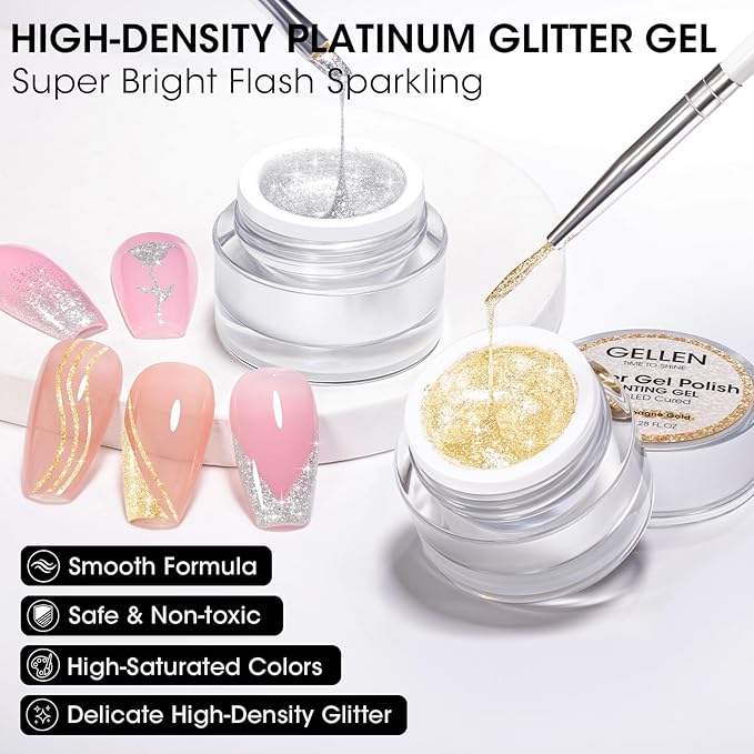 GELLEN Painting Gel for Nails, Metal Platinum Reflective Glitter Gold Gel Polish Drawing French-tip Floral Painted Liner Soak Off Lamp Cured for Salon DIY Nail Art, Hema-free, Champagne & Silver