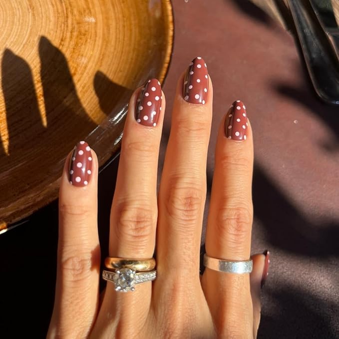 LAMIMOSA 32Pcs Polka Dots Press On Nails Short Almond - Soft Gel Brown-Red Fake Nails in 16 Sizes, Reusable Glue on Nails Kit, DOT DOT DOT