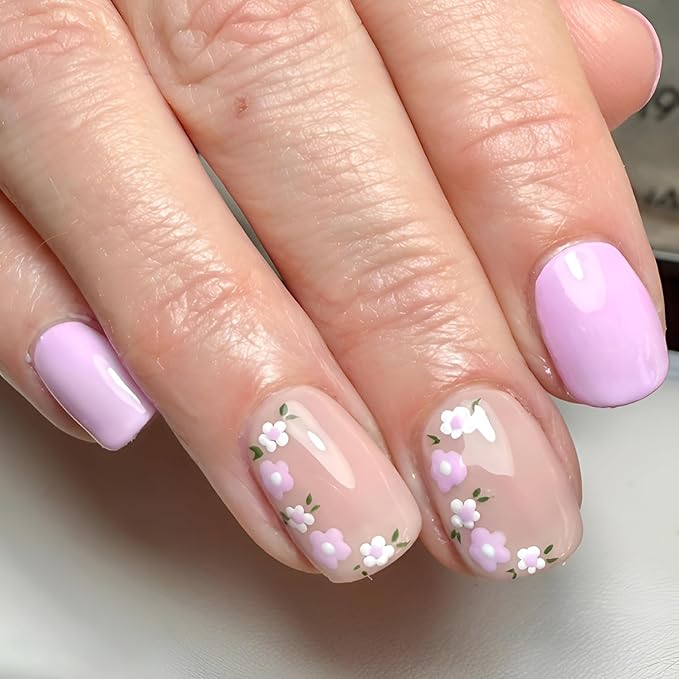 Flower Press on Nails Short Square Fake Nails Nude Purple Nails Press Ons Glossy Full Cover False Nails Summer Spring Stick on Nail DIY Acrylic Glue on Nail for Women Decorations Set 24Pcs