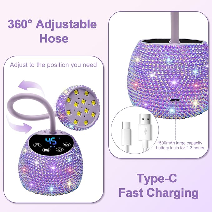 CGBE UV LED Nail Lamp, 36W Mini Cordless Flash Cure Lamp, USB Rechargeable Goosenecks LED Nail Light with 4 Timers & Auto Sensor for Salon Home DIY Use, Purple Diamond