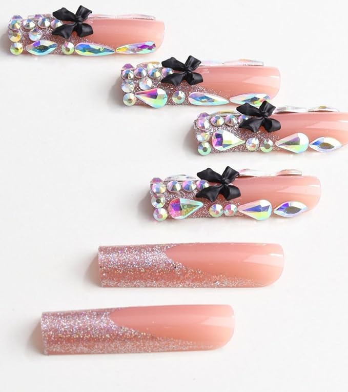 Press on Nails Square - Extra Long Fake Nails with 3D Rhinestones and Bows, Black Leopard French Tips Nude False Nail, Stick On Nails for Women, 12 Sizes - 24 Nail Kit, Sunset Spots
