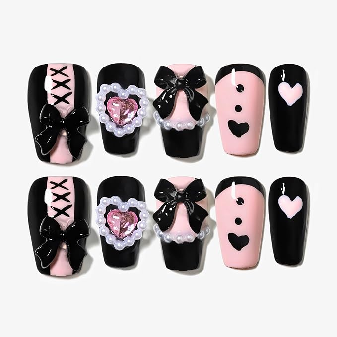 Sun&Beam Nails Handmade Press-on Square Round Trapezoid Nail Design False Nail Tips Pink and Black with Ribbon Stylish 10 Pcs Set (#149 M)