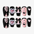 Sun&Beam Nails Handmade Press-on Square Round Trapezoid Nail Design False Nail Tips Pink and Black with Ribbon Stylish 10 Pcs Set (#149 XS)