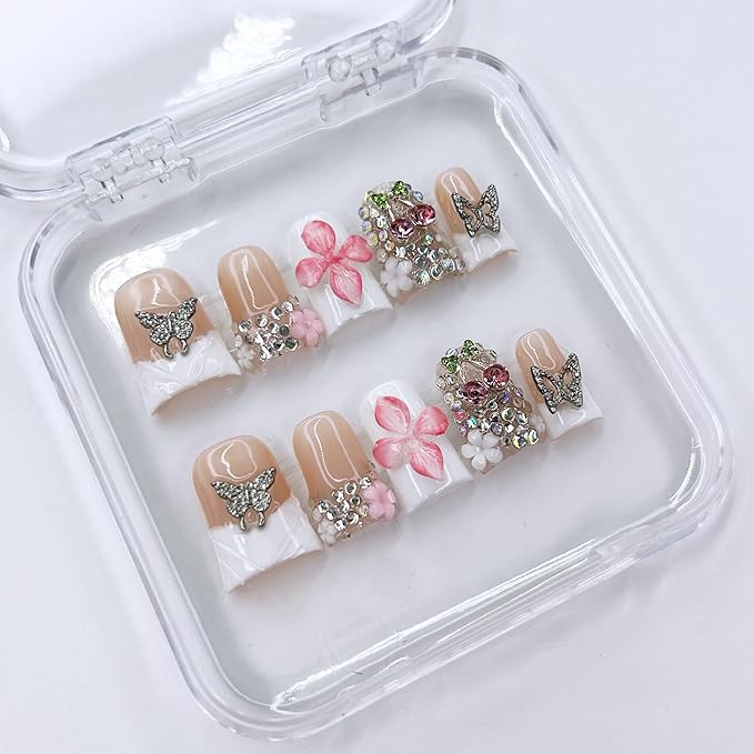 10 Pcs Handmade Press on Nails with Glue，3D Butterfly Duck False Nails Gradient Flowers Sparkly Artificial Glossy Colorful Rhinestones Designs French Tip Fake Nails Acrylic for Women Girls DIY（Size M)
