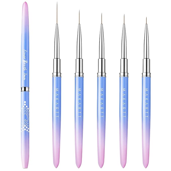 Makartt Nail Art Brushes Set: 5pcs Liner Brushes 7/9/11/15/25mm Thin Nail Art Design Brush with Cap Nail Polish Brush for Builder Gel 3D Nail Gel French Tip Tool Nail Painting