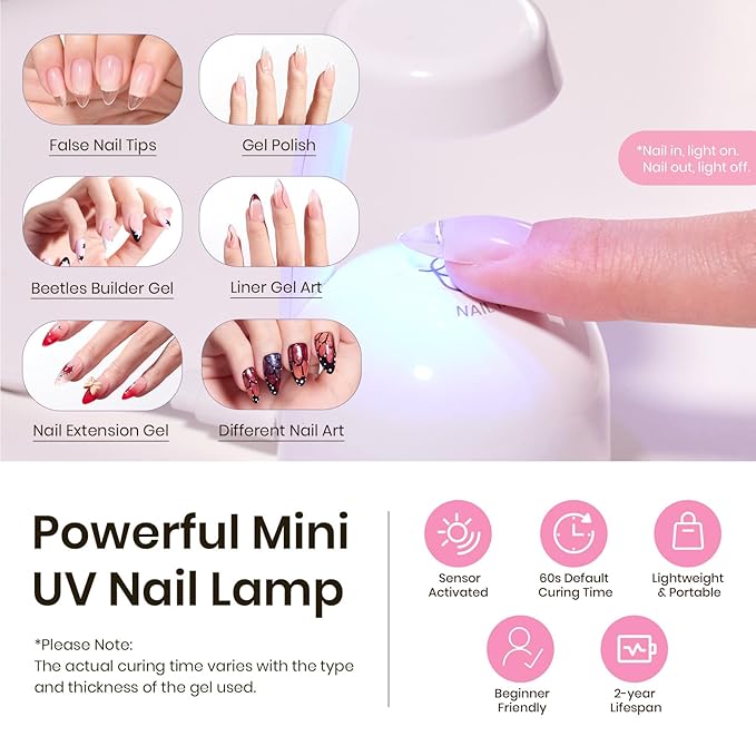 Beetles Tipex Gel Nail Kit, Medium Almond Nail Tips 224 Pcs 16 Sizes Pre-Building Pre-Etched False Nail Tips with Tipex Nail Glue, Mini Nail Lamp Thick Acrylic Nail Set