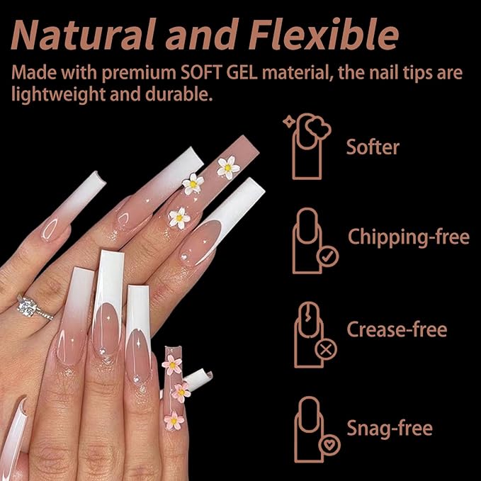 Long Square Nail Tips, 240Pcs Full Cover Soft Gel Nail Tips Pre-shaped 3XL Straight Shape Clear Acrylic False Nail Fake Nail Extension Press On for Salon Home DIY 12 Sizes