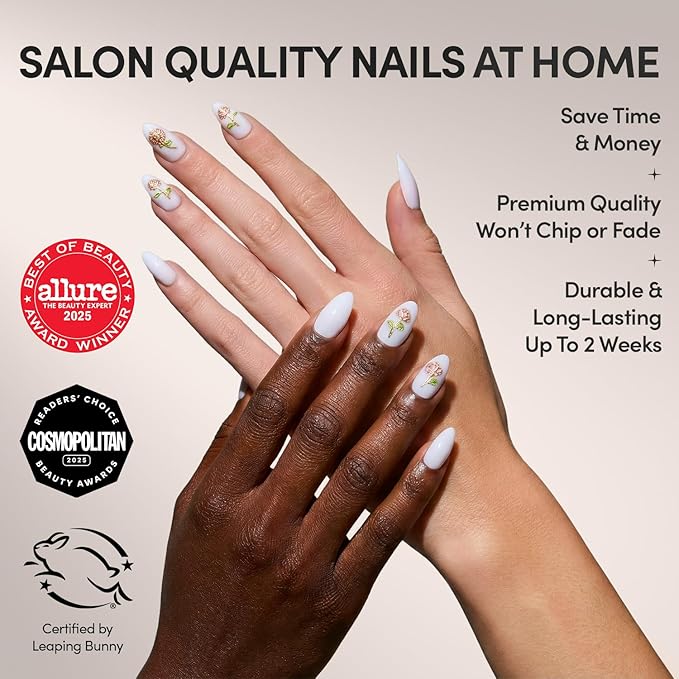 Valentines Day Glamnetic Press On Nails - Floral Glow | Short Almond Fake Nails in Milky White Base with 3D Rose Designs in a Glossy Finish, Salon Quality | 15 Sizes - 30 Nail Kit with Glue