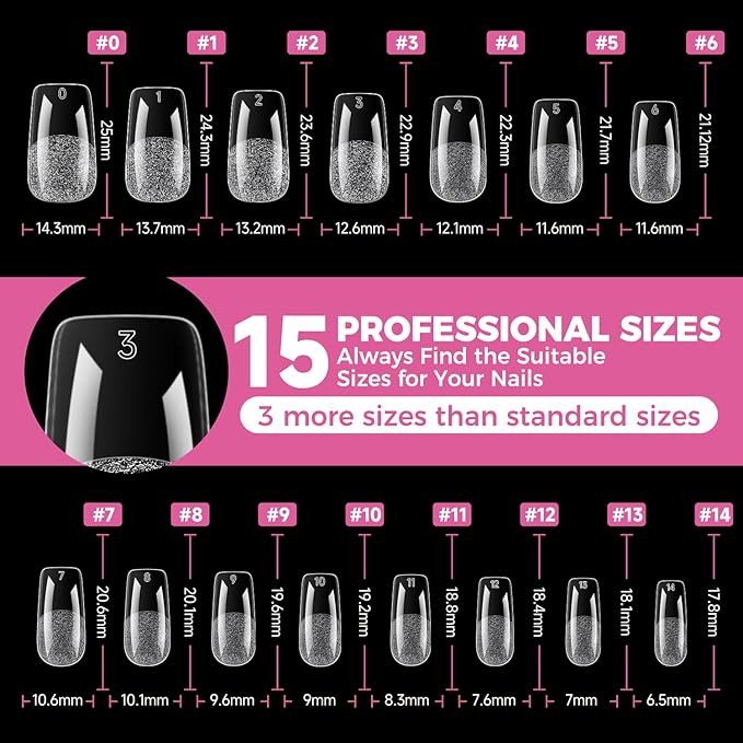 UNA GELLA Square Gel Nail Tips 15 Sizes Medium Square Press on Nails Pre Etched 300pcs Soft Gel Fake Nails Full Cover For Nail Extension Home DIY Nail Salon for Women