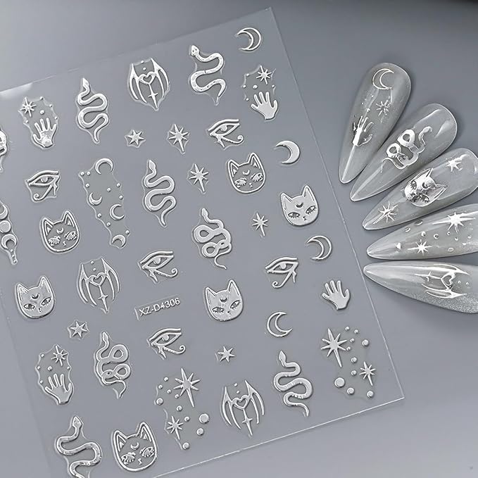 12 Sheets Silver Nail Art Stickers Star Nail Stickers Heart Nail Decals Self Adhesive Evil Eye Nail Art Supplies for Women Girls DIY Manicure Nail Art Decorations