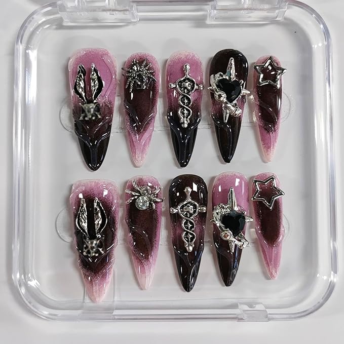 Halloween Handmade Press on Nails Long Almond 3D Nails Gothic Thick Acrylic Fake Nails Ombre False Nails with Rhinestones Spider Heart Designs Pink&Black Sturdy Nail Art Press on Nails 10Pcs(S)