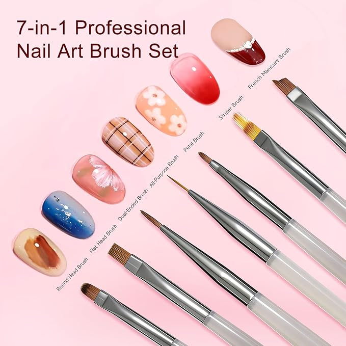 65Pcs Nail Art Tools Set, Professional 7Pcs Nail Art Brushes and 2Pcs Striping Liner Brush, 3Pcs Dual Tipped Dotting Pen, 4-types Cat Eye Magnet, 50Pc Nails Sponges for Ombre & Grabbing Pen
