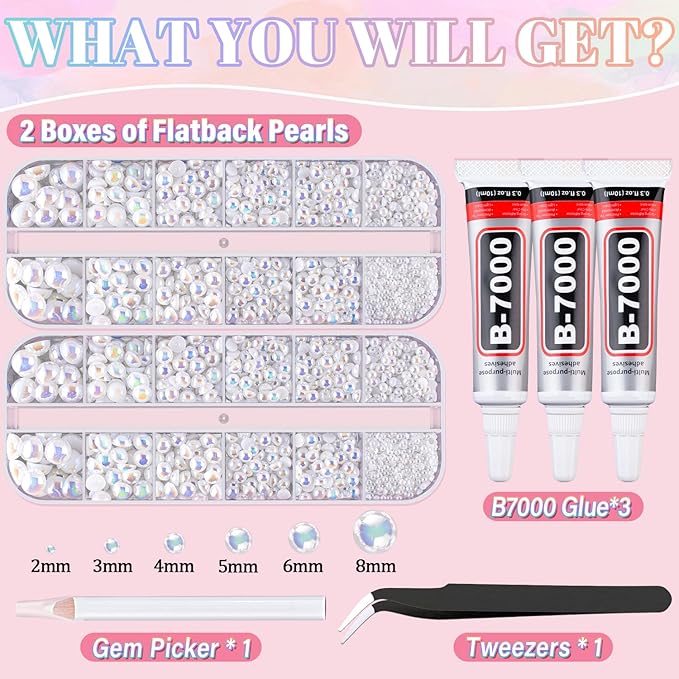 Flatback Pearls for Crafting with 3Pcs 10ml B7000 Jewelry Glue, 2 Boxes of Half Round White AB Pearls, Bedazzling Beads for DIY Crafts Clothing Tumblers Shoes Embellishment Nail Art