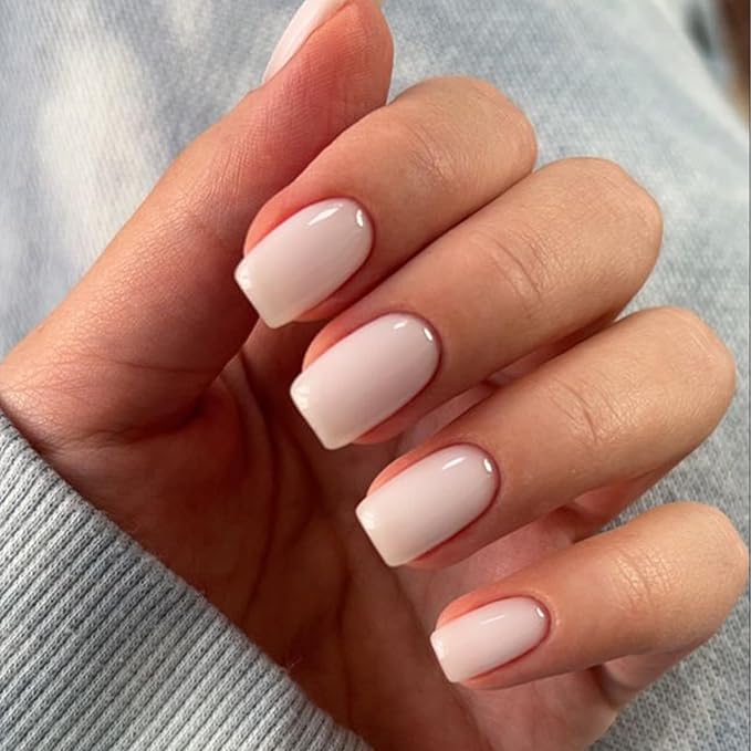 Modelones Milky White Press on Nails, Spring Short Square Fake Nails, Reusable Nail Kit with Nail Glue Adhesive Tabs Mini Nail File, Nails Press Ons 32Pcs16 Sizes, Women Girl Gift
