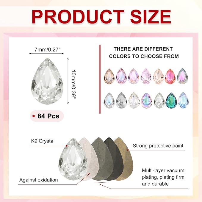 MECCANIXITY Teardrop Rhinestones 7x10mm, 84 Pcs Pointed Back K9 Glass Shiny Drop Shaped Rhinestones Crystal Gems for DIY Jewelry Making Crafts, White