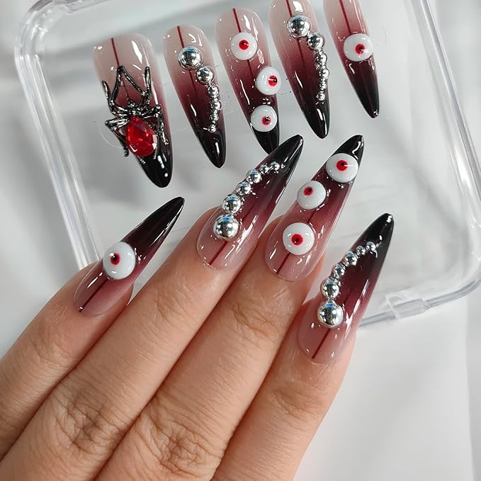 Halloween Press on Nails Long Almond 3D Handmade Nails Thick Acrylic Fake Nails Gothic False Nails with Spider Charms Rhinestones Eyeball Designs Dark Red Sturdy Nail Art Press on Nails 10Pcs(S)