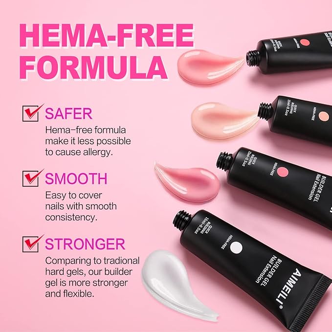 AIMEILI Hema Free Builder Nail Gel Natural Color Gel, 6 Colors 15ml Nail Extension Kit U V LED Nail Enhancement Gel Starter Kit with False Nail Kit