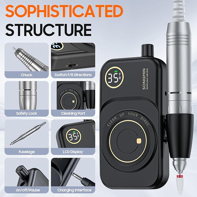 Professional Nail Drill 35000 RPM,SONGMIN Portable Cordless Efile with Bits Kit for Acrylic Nails Gel Polishing Removing,Rechargeable Electric Nail File Machine for Manicure,Pedicure Salon Home,Black