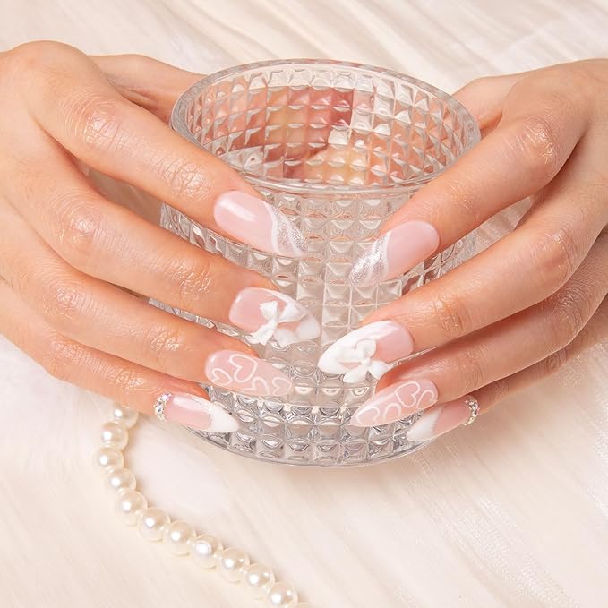 LOVFUL Press on Nails Silver Blanc | Handmade with Full Covered Crystals | Reusable Fake Nails | Almond Regular 1.0 in | H309-L