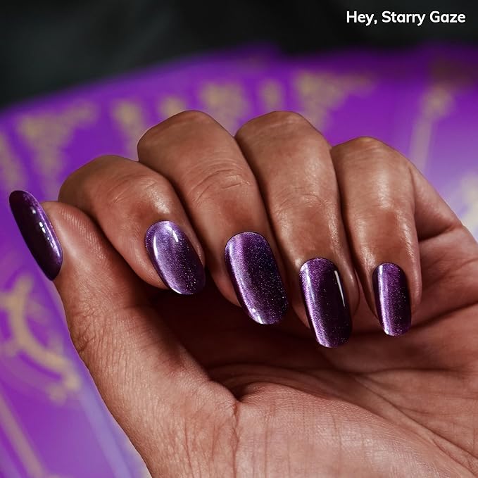 Heyhae Semi Cured Gel Nail Strips | No LED Lamp Needed | Fall, Purple, Cat-Eye | Easy Apply & Remove, Salon Quality | Includes 28 Strips, 1 Prep Pads, Nail File & Wooden Stick - Hey, Starry Gaze