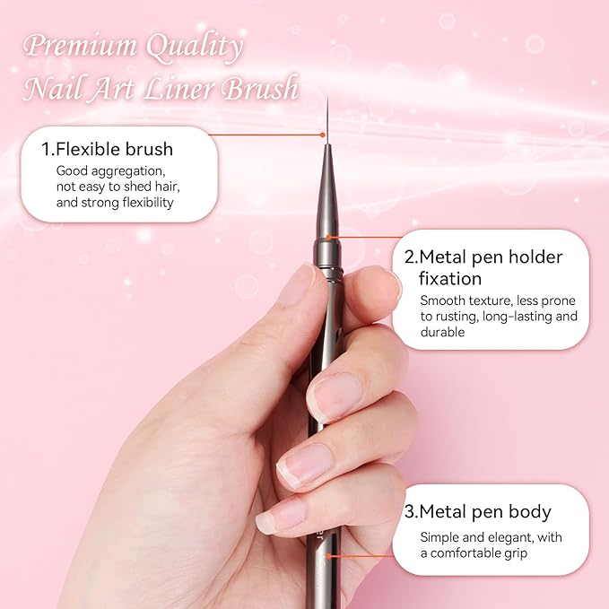 5Pcs Nail Art Liner Brushes For Gel Polish, Detail Painting Design Fine Lines Drawing Brush Set With Cap Metal Handle Home DIY Salon Manicure Tools Women Gifts, 6/9/12/15/18mm