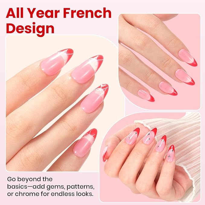 Beetles French Tip Gel Polish - Dusky Rose, 2 Colors Red & Jelly Pink Gel Nail Polish Set with Base Coat Top Coat, Soak Off UV LED French Nail Kit, Spring Nails Complete for Beginner & Professional