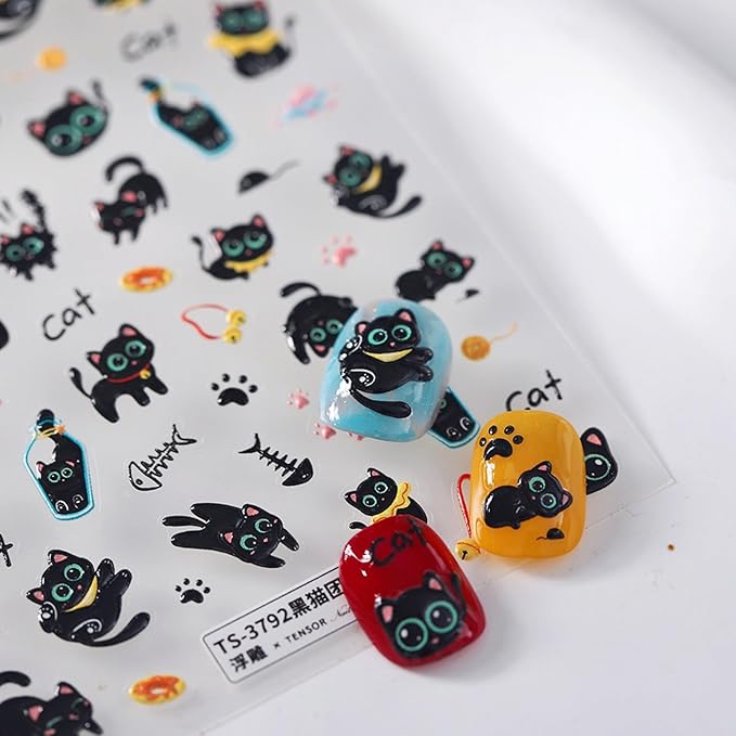Dedyel 5D Embossed Cute Cat Nail Art Stickers Cartoon Kawaii Design Anime Self Adhesive Nail Stickers for Women Kids Girls Nails Art Decorations