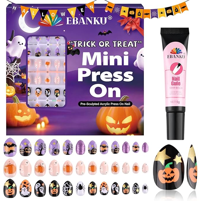 EBANKU Halloween Kid Press on Nails, 72Pcs Almond Fake Nails Kit Full Cover Orange Pumpkin Ghost Cute Design Acrylic Nails with Nail Glue for Girl