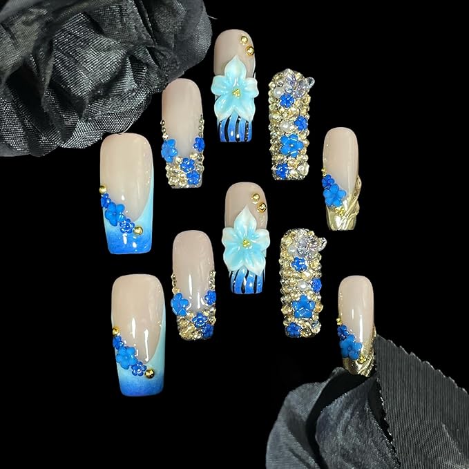 Handmade 3D Floral Press On Nails, Medium Long Square Shape, Blue Gradient with Rhinestones, Gold Beads, Reusable Acrylic False Nails (Blue enchantress, M)