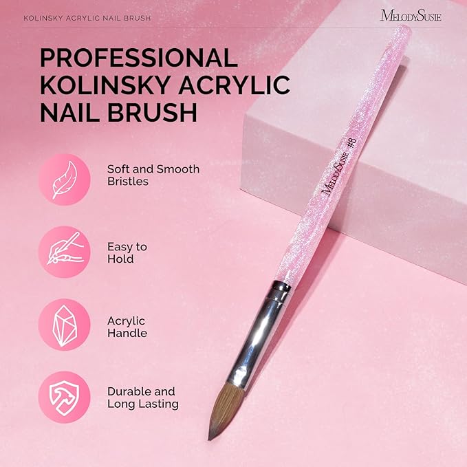 MelodySusie Kolinsky Acrylic Nail Brush,66% Kolinsky Hair Professional Nail Art Brush for Acrylic Application, Aurora Collection Fine Glitter Brush, Size 8