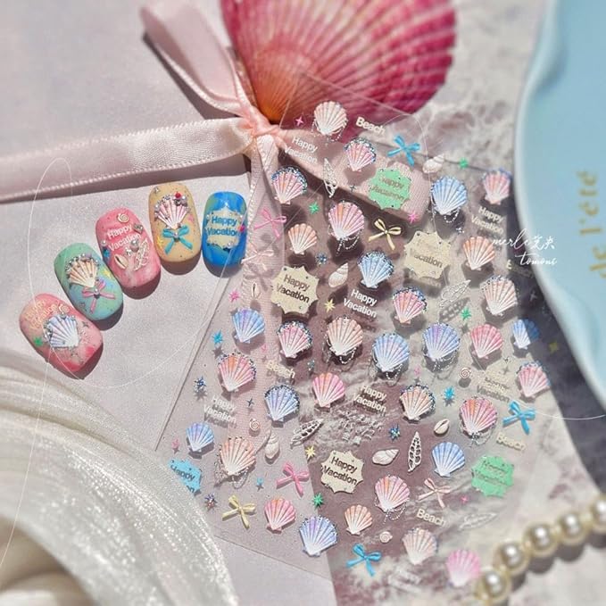 Aurora Pearl Seashell Nail Stickers Colorful Bow Nail Designs 3D Self-Adhesive Conch Nail Decals 5D Embossed Ocean Nail Art Stickers Summer Sticker Manicure Accessories for Women DIY Nails 1 Sheet