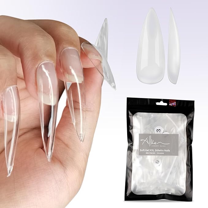 Allkem Soft Gel Nail Tips - XXL Stiletto Nail Extensions with Refill Bag - 12 Sizes Extra Extra Long Full Cover Nails - Clear (504 Pieces)