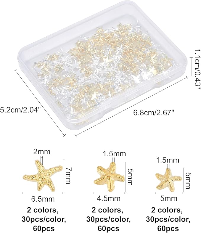 OLYCRAFT 180pcs Starfish Nail Charms Metal Cabochons Starfish Nail Art Decorations Brass Charms Gold Silver Nail Art Accessories Starfish Charms for Jewelry Making Nail Arts Decoration