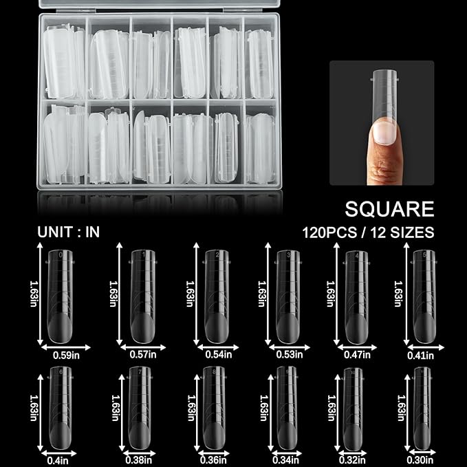120 Pcs Dual Nail Forms,Matte Square & C-Curved Extension Poly Nail Gel Nail Molds 12 Sizes for Gel Glue, Full Cover Nail Art Design Salon & DIY