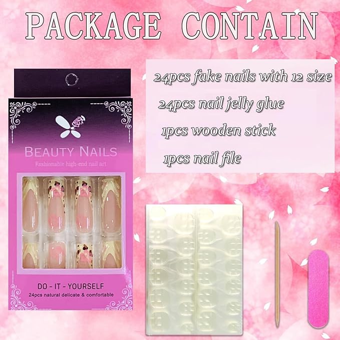 Press on Nails Coffin Long Length Acrylic Glossy Full Cover Square Shaped French False Nails with Designs Artificial Extra Long Fake Nails with Charms Glue ons Fingernails for Women(C140)