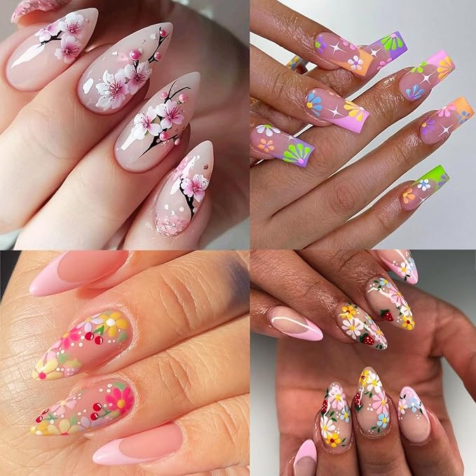 3 Sheets Spring Flower Nail Stickers White Pink Peach Blossoms Nail Art Stickers Colorful Embossed Daisy Nail Decals 3D Self-Adhesive Cute Flowers Nail Art Decals for Women Nail Designs