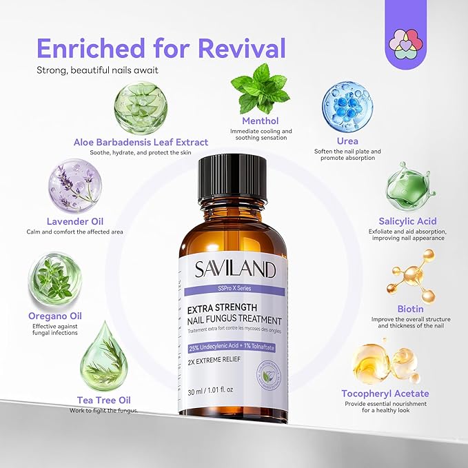 SAVILAND Toenail Fungus Treatment Extra Strength: 2X Extreme Nail Repair for Discolored and Damaged Nails Toenail Softener Yellow Toenail Foot Toe Thick Nail Fungus Treatments Solution 1 fl oz