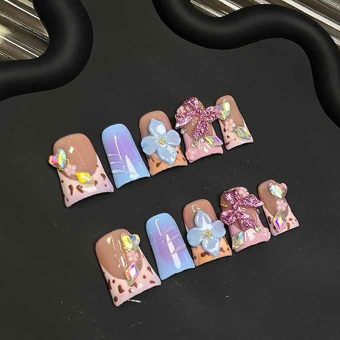 10 Pcs Duck Handmade Press on Nails French Tip Fake Nails 3D Blue Flower False Nails with Glue,Colorful Rhinestone Bow Designs Glue on Nails Full Cover Glossy Acrylic Stick on Nail for Women (S)