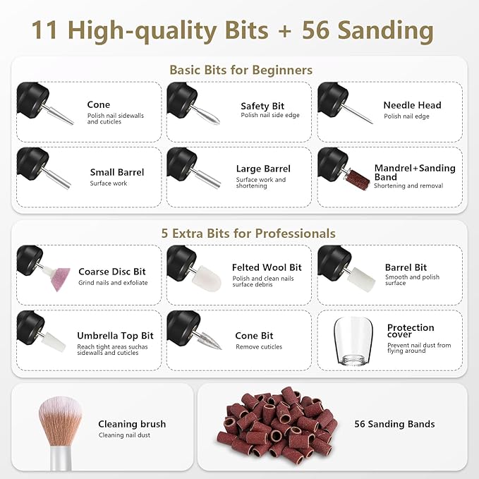 Cordless Nail Drill Electric Rechargeable File Kit, Professional Efile Acrylic Gel Nail Polish Remover Pedicure Manicure Machine Portable Set with 11 Bits 56 Sanding Bands (Black)