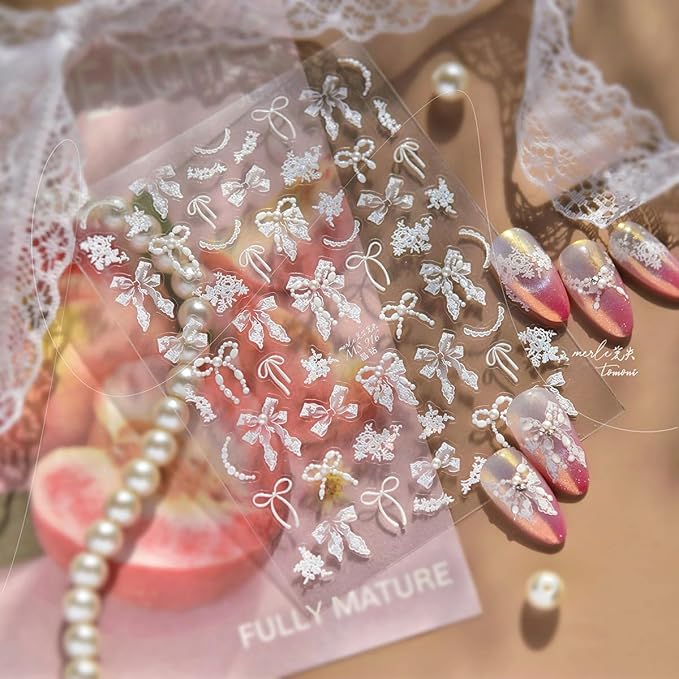 1Pcs 5D Bow Nail Art Stickers Decals Self Adhesive Valentines Nail Decals with Pearl Design Ribbon Bow Nail Stickers Embossed Cute Stickers Wedding Nail Supplies Decorations for Women Holiday Manicure