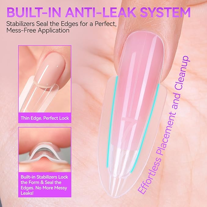 Gelike EC Dual Forms for Nail Extension: Almond ＆Coffin Sandwich Dual Forms Work with Builder Gel ＆ Polygel - 2 Shapes 240PCS 15 Sizes Reusable 100+ Times Clear Acrylic Molds Kit for Quick Manicure