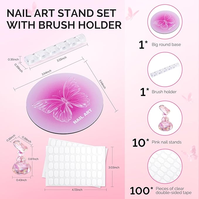 MelodySusie Nail Stand for Press Ons, Super Pink Metal Round With Butterfly Pattern Magnetic Base for Painting Display with Brush Holder And Reusable Double-Sided Tape for Home DIY Salon Supplies