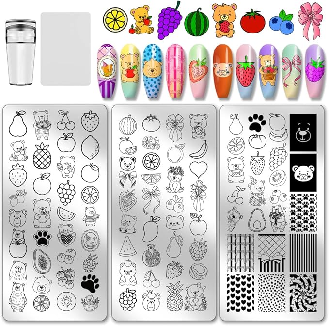 PH PandaHall 3pcs Fruit Nail Stamping Plates Cute Bear Animal Nails Art Stencils Strawberry Pineapple Cherry Nails Image Plates Bows Heart Manicure Art Templates for Women Printing Manicures Salon