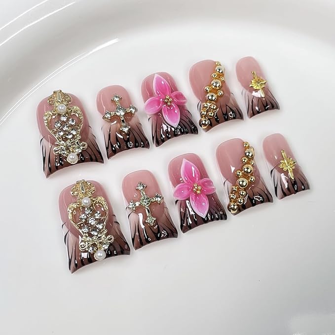 Flower Handmade Press on Nails Short Duck Fake Nails 3D Pink Luxury Floral & Golden Rhinestone Designs Thick Brown Gradient French Tip False Nail Art Full Cover Acrylic Stick on Nails for Women（M)