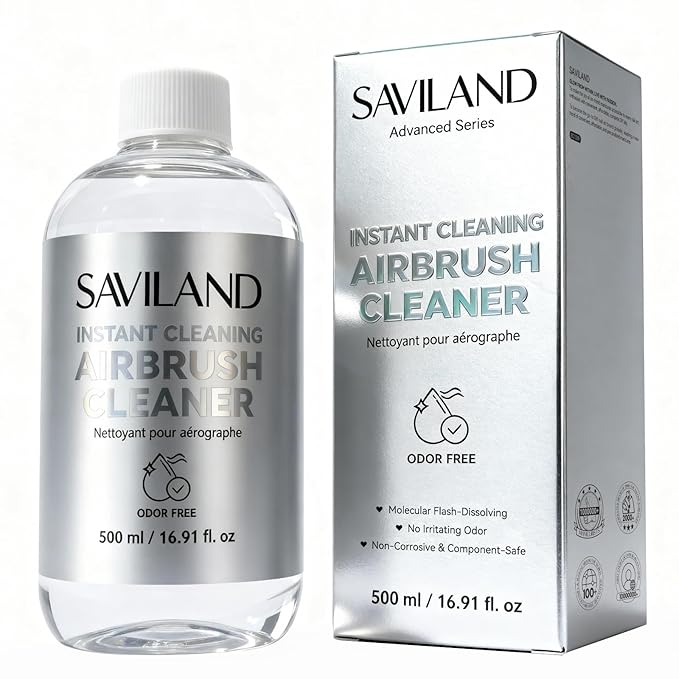 SAVILAND 500ML Airbrush Cleaner: 10s Instant Cleaning Makeup Brush Ceaner Large Capacity Odor Free Precision Bottle for Water-Based Acrylic Paint Airbrush Gel Nail Polish Clog Removal Salon