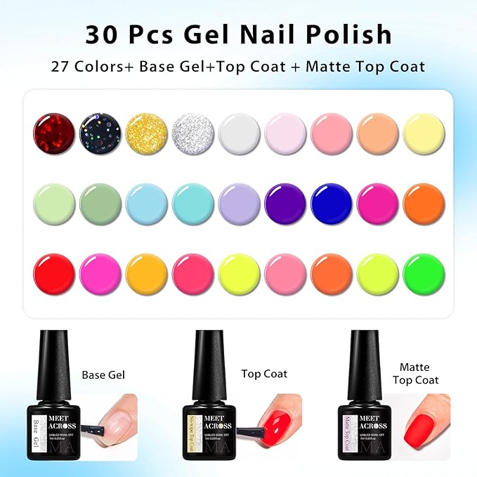 MEET ACROSS 27PCS Gel Nail Polish Set,27 Colors Gel Nail Kit Art Design Soak Off UV LED,Nail Art Design Gifts for Women