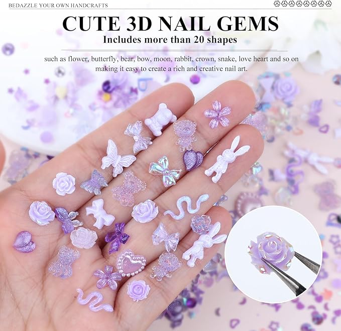 100 Pieces 3D Resin Butterfly Bear Nail Charms Rose Flower Peach Skirt Bow Deer Snake Rabbit Animal Shaped Nail Art Rhinestones Pearls for DIY Nail Art Decoration Making Craft (Purple)